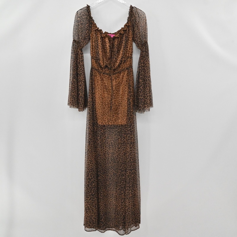 House of House of Chic Mesh Maxi Dress Womens Size S Brown Bell Sleeve Leopard - Picture 2 of 15